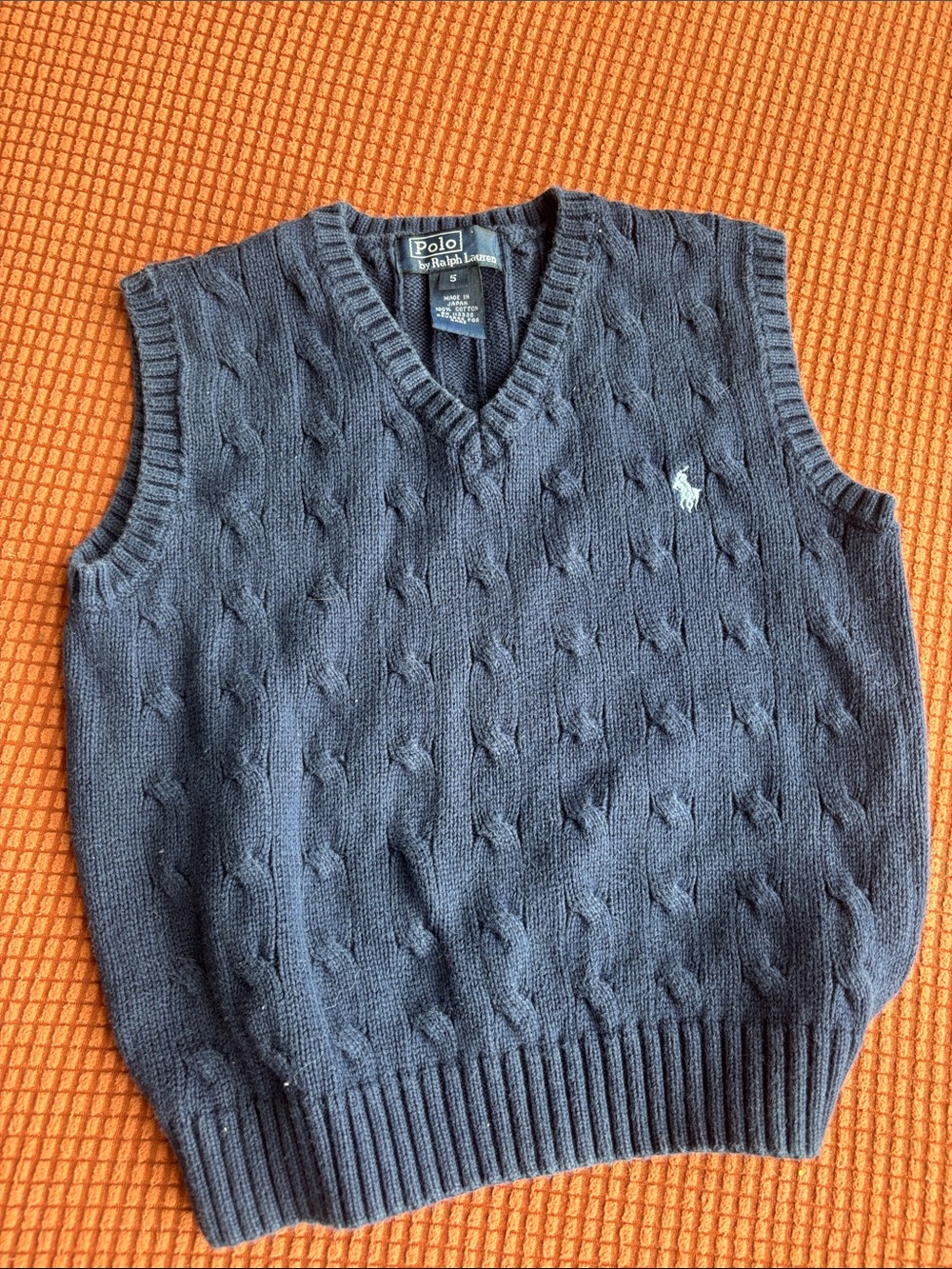Ralph Lauren navy cable knit V-neck sweater vest with white pony